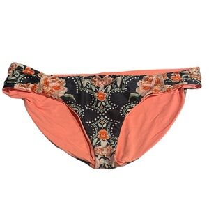 BECCA Floral Print Bikini Bottom SZ L Black Orange